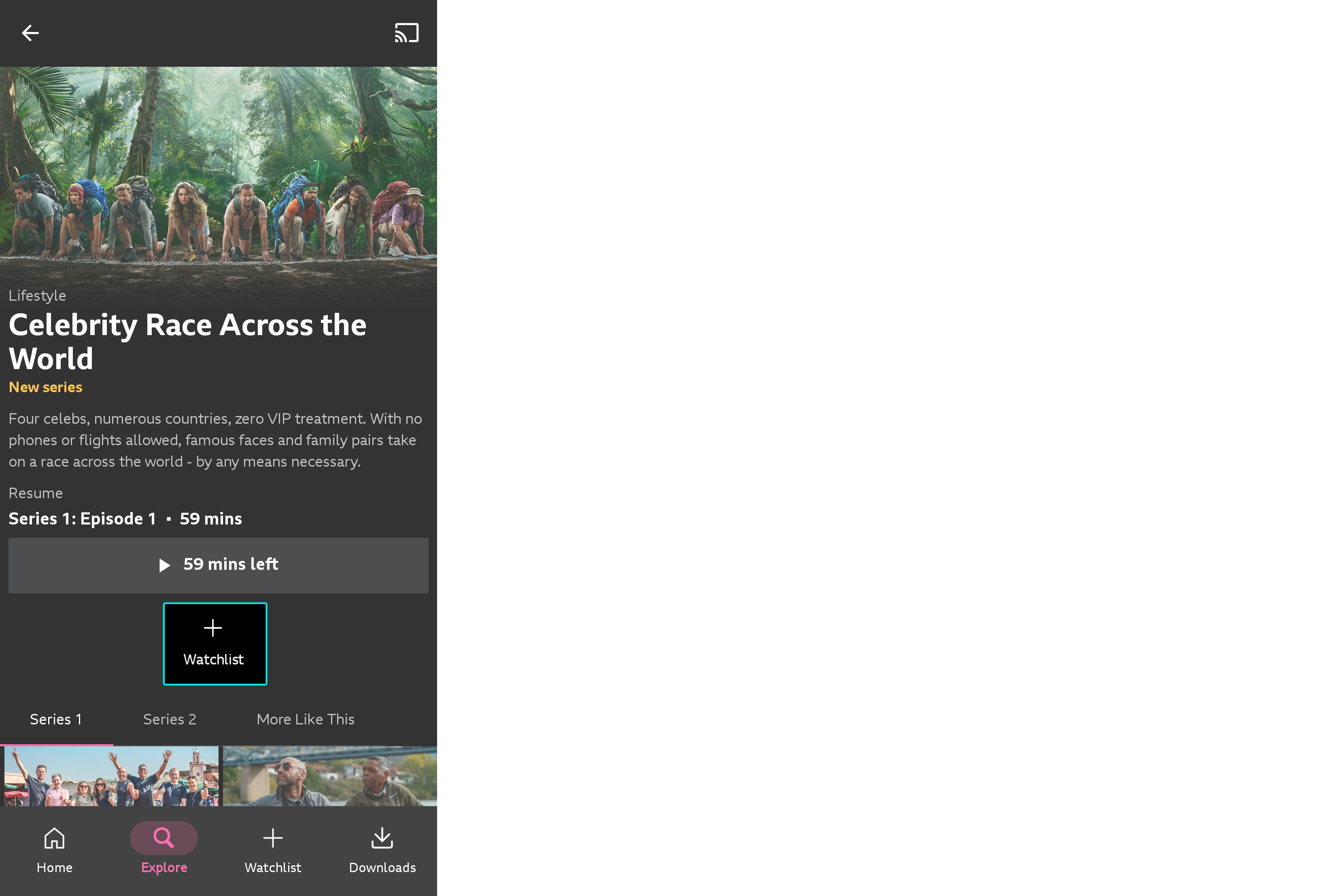Image showing a programme or episode page on the BBC iPlayer mobile app with the 'Watchlist' button highlighted