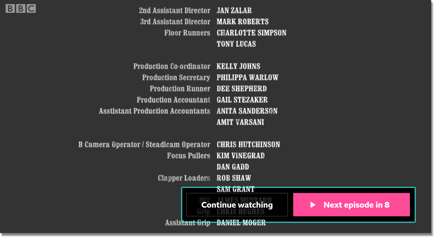 Image showing the end of a programme on the iPlayer website. The credits can be seen, and the options to keep watching, or move on to the next episode are highlighted at the bottom of the screen