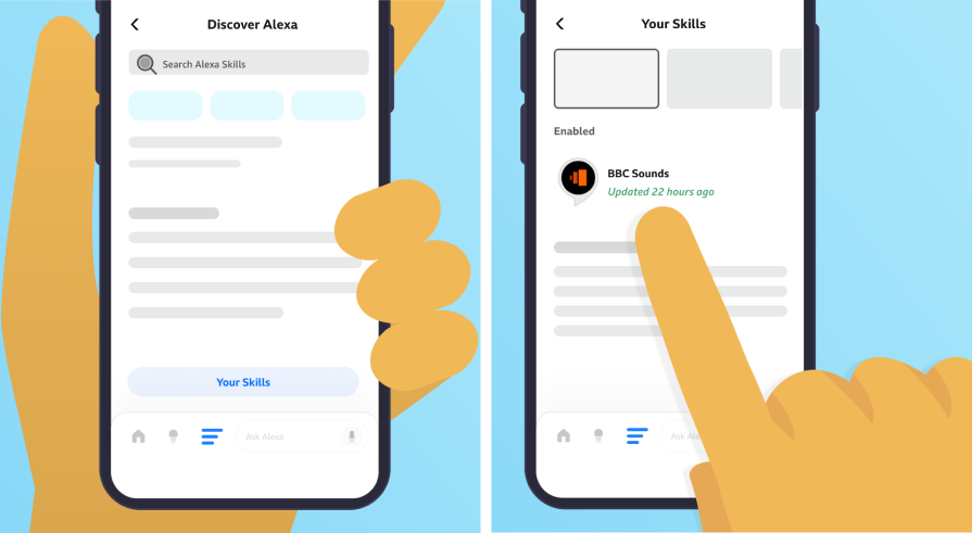 Two images showing the Discover section of the Alexa app and then a user selecting the BBC Sounds skill from their enabled skills.