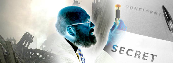 Image of Sept 11 destruction, a scientist and top secret papers