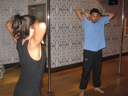 Dev warming up with teacher Nicky