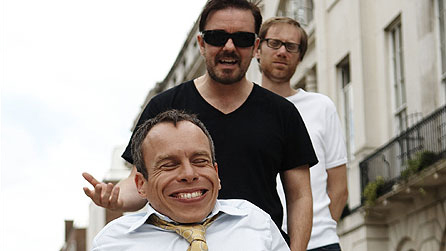(l-r): Warwick Davis, Ricky Gervais and Stephen Merchant